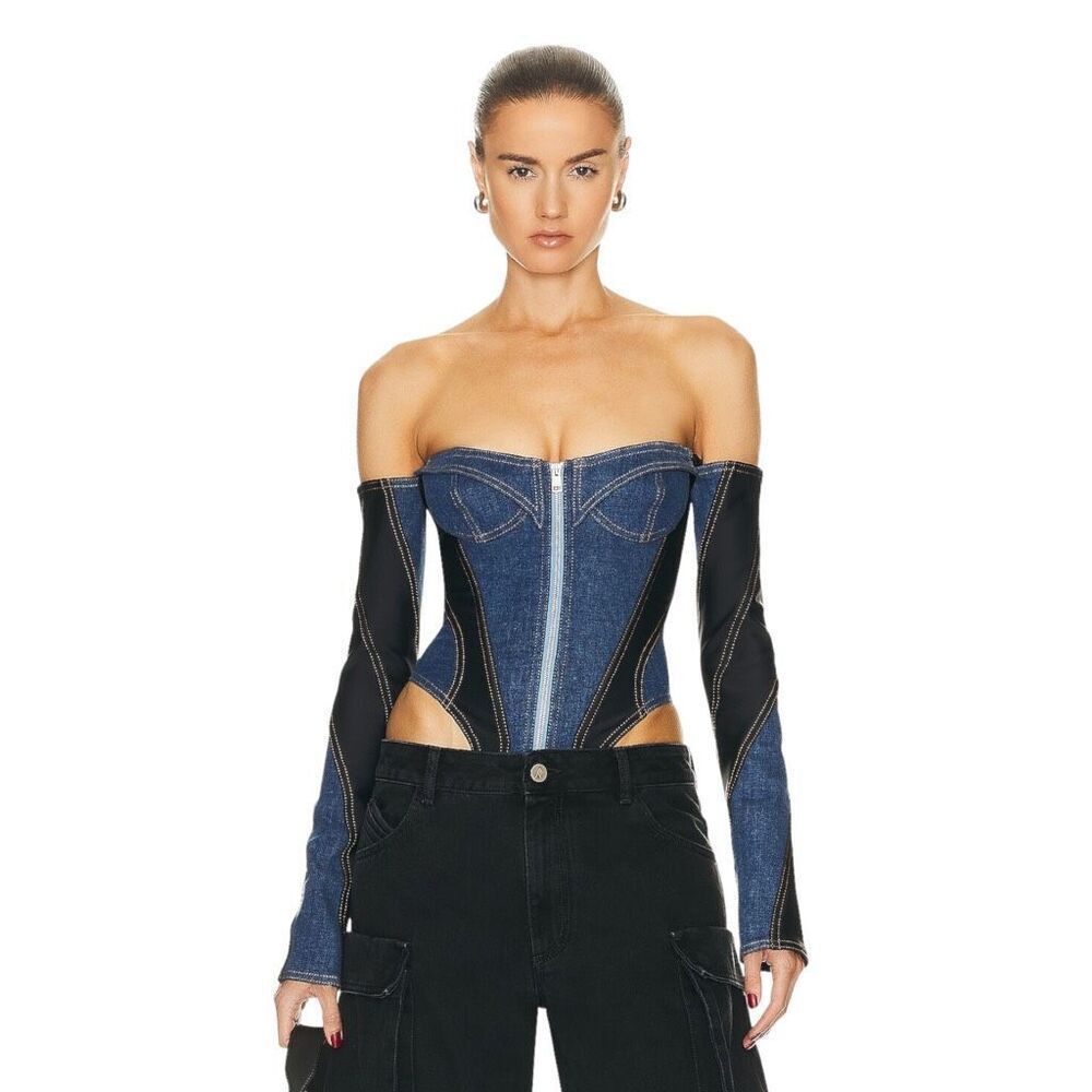 Mugler Corset Bodysuit in Medium Blue & Black